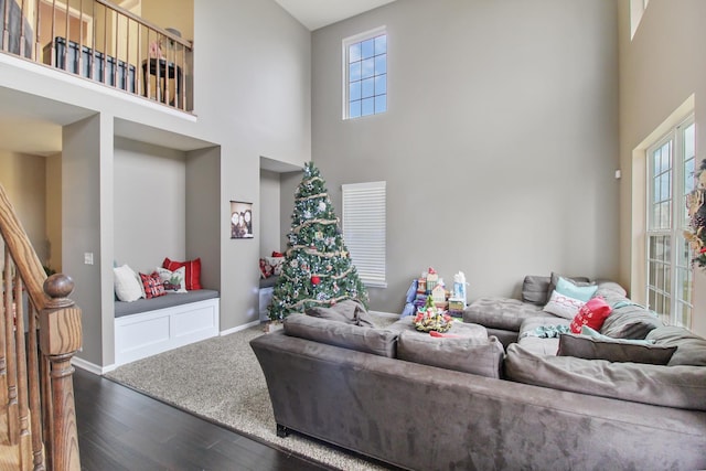 living room featuring a wealth of natural light, hardwood / wood-style floors, and a high ceiling