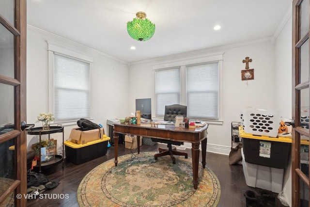 home office featuring crown molding and dark wood-type flooring