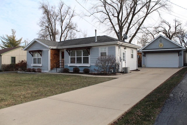 ranch-style home featuring central air condition unit, an outbuilding, a front yard, and a garage