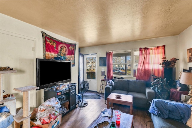 living room featuring hardwood / wood-style floors and a textured ceiling