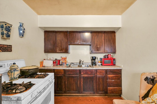 kitchen with hardwood / wood-style floors, white gas stove, and sink