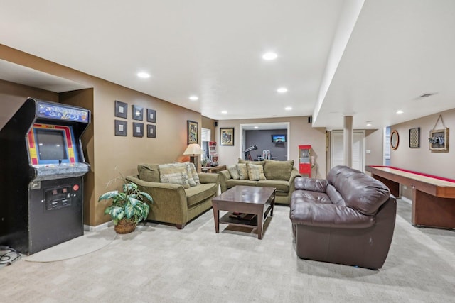 living room with light colored carpet