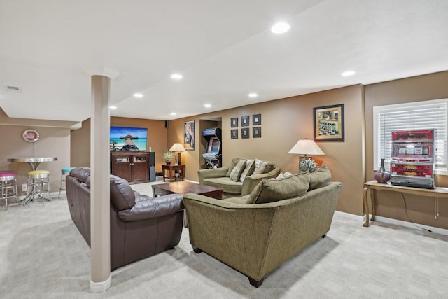 living room featuring light colored carpet