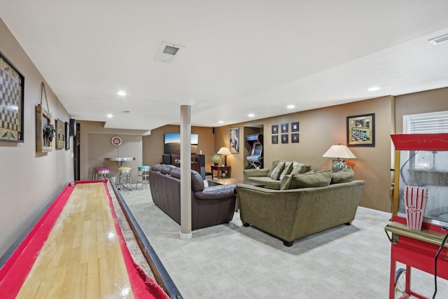 living room with light carpet