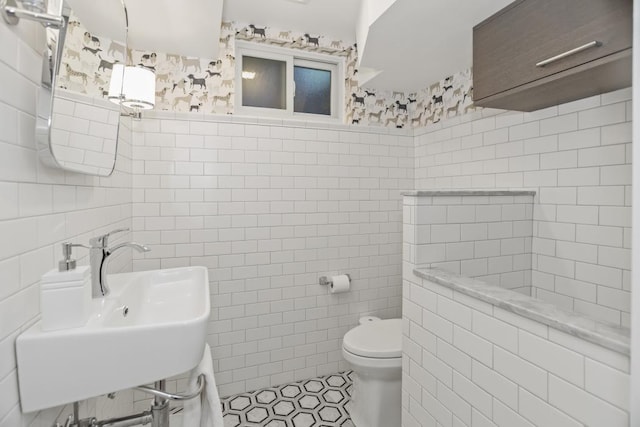 bathroom featuring sink, tile walls, and toilet