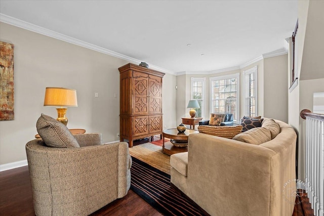 living room featuring dark hardwood / wood-style flooring and ornamental molding