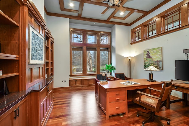 office area with ceiling fan, ornamental molding, coffered ceiling, and dark hardwood / wood-style flooring