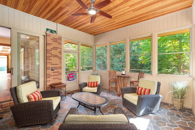 sunroom / solarium featuring ceiling fan, wood ceiling, and a healthy amount of sunlight