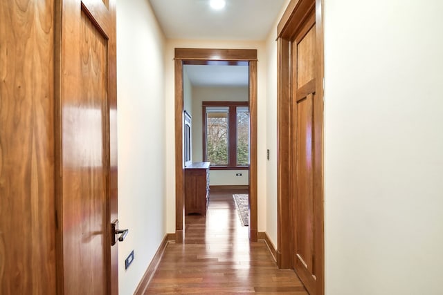 hallway featuring dark hardwood / wood-style flooring