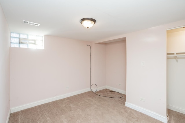 interior space featuring light carpet and a closet