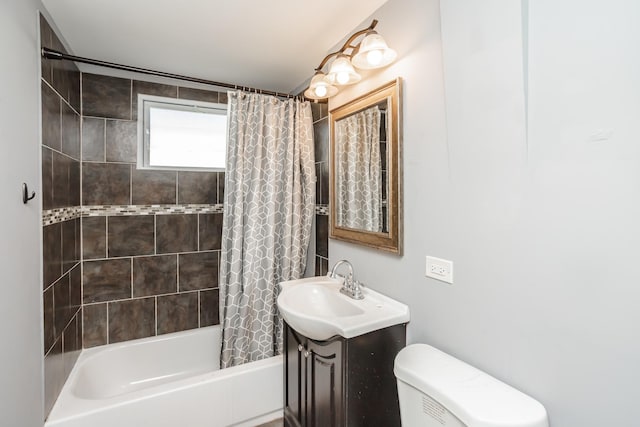 full bathroom featuring vanity, toilet, and shower / bathtub combination with curtain