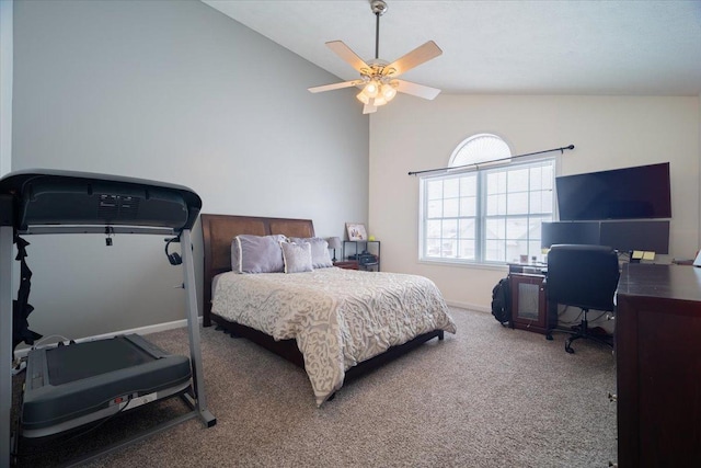 carpeted bedroom featuring lofted ceiling and ceiling fan