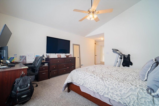 carpeted bedroom with lofted ceiling and ceiling fan