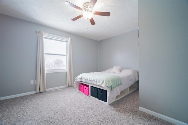 bedroom with ceiling fan and carpet