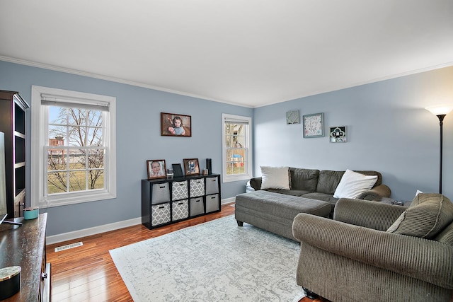 living room featuring wood-type flooring and ornamental molding