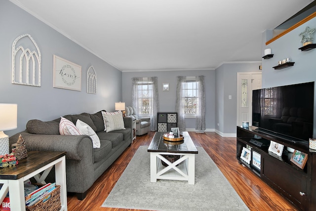 living room featuring dark hardwood / wood-style floors and ornamental molding