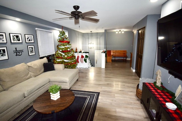 living room with ceiling fan and light hardwood / wood-style floors