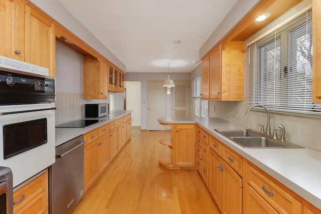 kitchen with sink, light hardwood / wood-style flooring, appliances with stainless steel finishes, hanging light fixtures, and backsplash