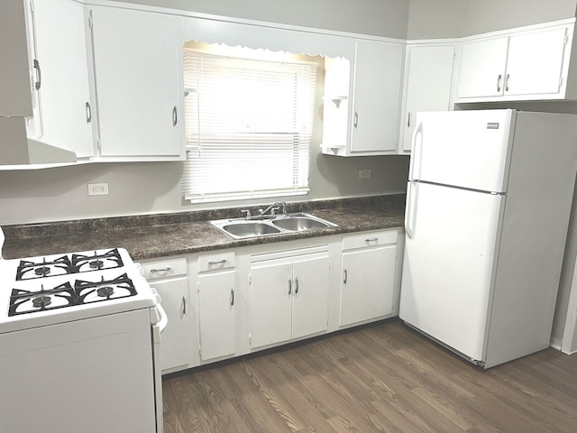 kitchen featuring white cabinetry, sink, white appliances, and dark wood-type flooring