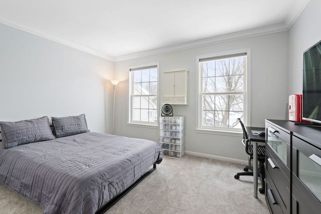 bedroom with ornamental molding, light colored carpet, and multiple windows