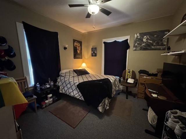 bedroom featuring carpet flooring and ceiling fan