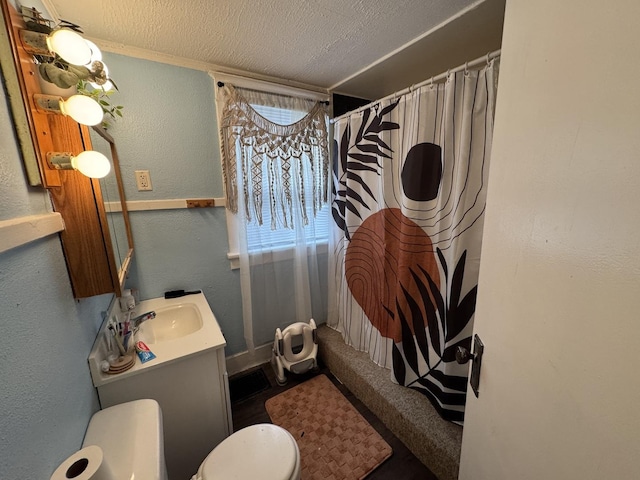 bathroom with vanity, toilet, and a textured ceiling