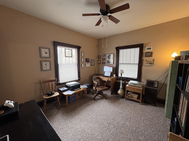 office area featuring carpet flooring and ceiling fan