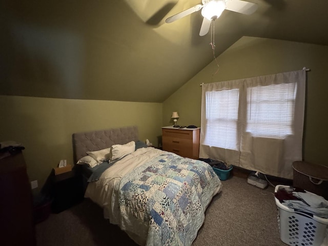 bedroom with carpet, ceiling fan, and vaulted ceiling