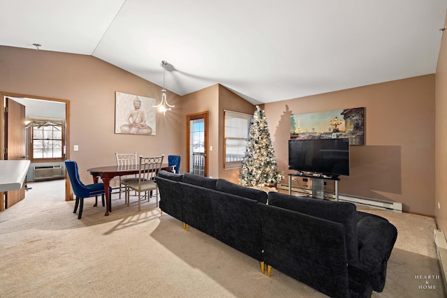 living room with carpet floors, an AC wall unit, and lofted ceiling