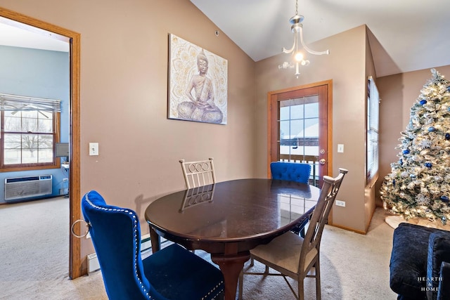 carpeted dining area with cooling unit, a baseboard heating unit, and lofted ceiling