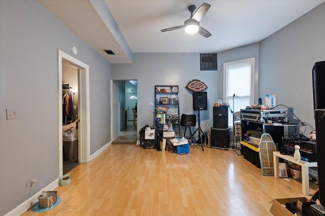 miscellaneous room featuring light wood-type flooring and ceiling fan