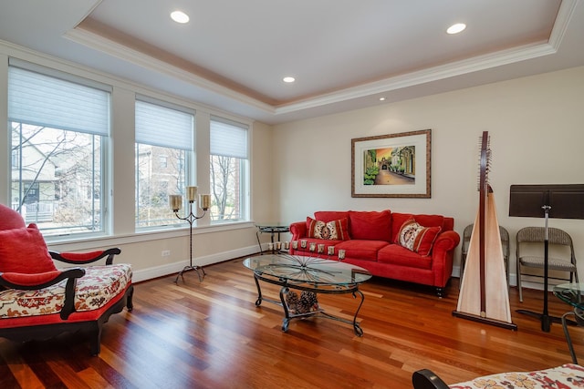 living room with wood-type flooring, a tray ceiling, and crown molding