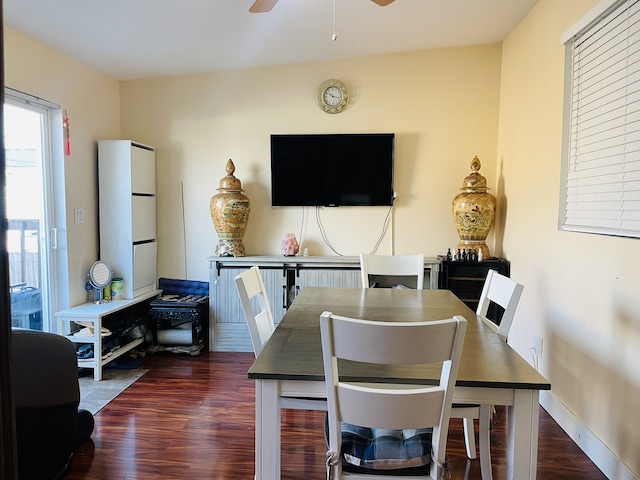 dining space with ceiling fan and dark wood-type flooring