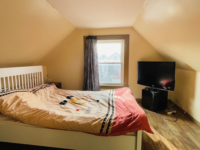 bedroom with hardwood / wood-style flooring and vaulted ceiling