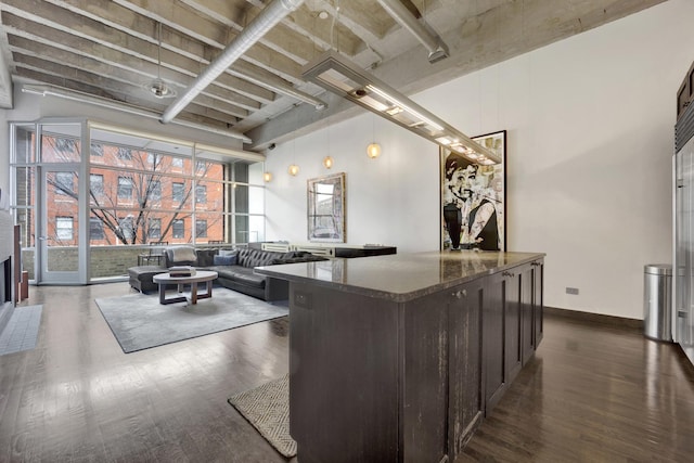 kitchen with dark brown cabinetry, dark hardwood / wood-style flooring, and a kitchen island