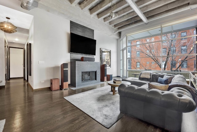 living room featuring dark wood-type flooring