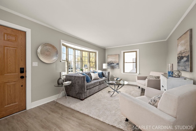 living room with hardwood / wood-style flooring and ornamental molding