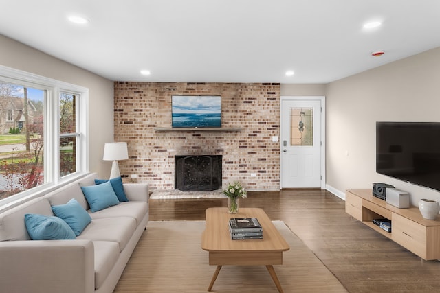 living room featuring a fireplace and hardwood / wood-style flooring