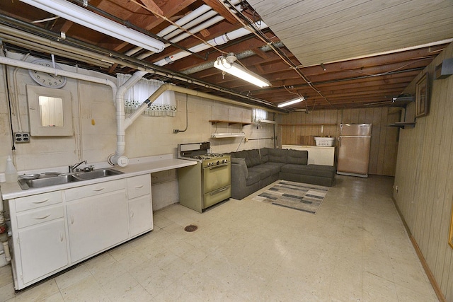 basement featuring fridge, wood walls, and sink