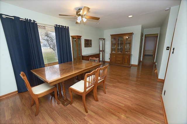 dining room with hardwood / wood-style flooring and ceiling fan