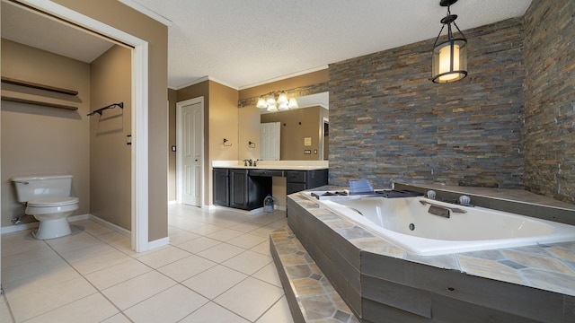 bathroom with tile patterned flooring, toilet, ornamental molding, and a textured ceiling