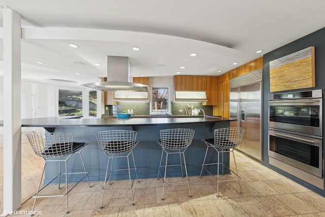 kitchen with a kitchen breakfast bar, sink, appliances with stainless steel finishes, tasteful backsplash, and island range hood