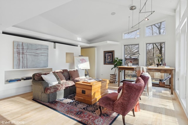 living room featuring light hardwood / wood-style floors and a high ceiling