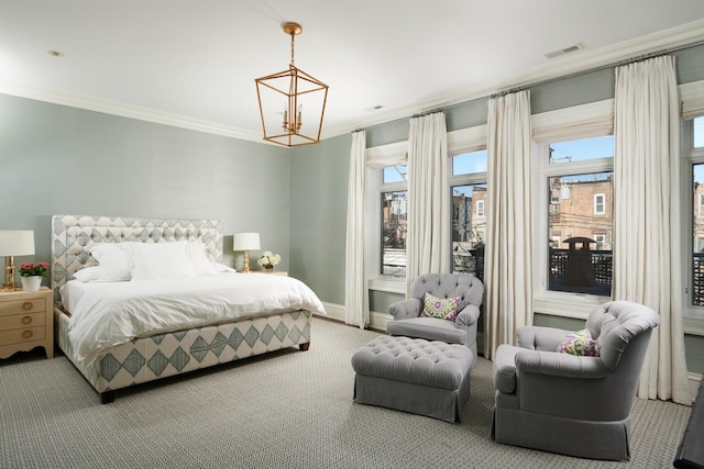 bedroom featuring carpet, a chandelier, multiple windows, and ornamental molding
