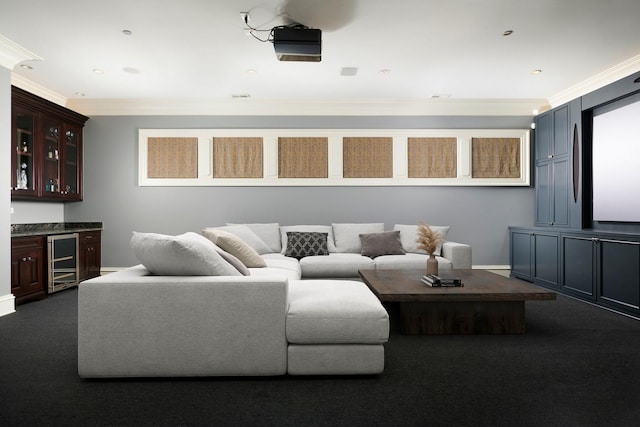 living area featuring a dry bar, dark colored carpet, crown molding, and beverage cooler
