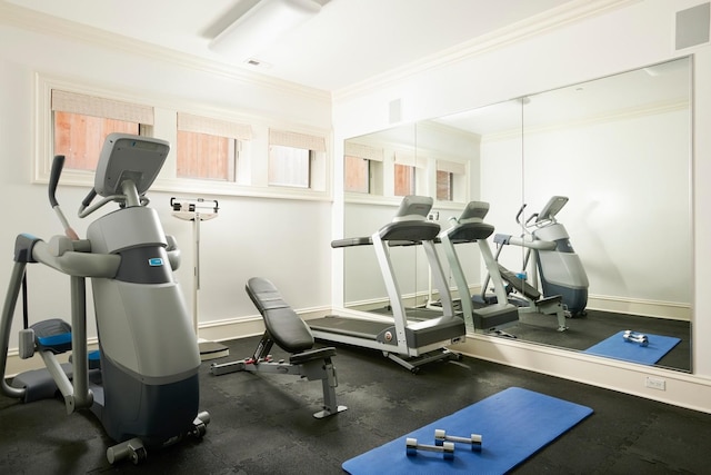 exercise area with crown molding, plenty of natural light, and baseboards