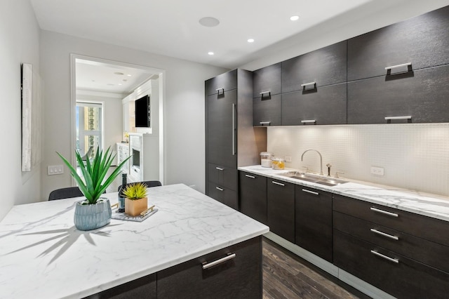 kitchen featuring tasteful backsplash, dark hardwood / wood-style flooring, light stone counters, and sink