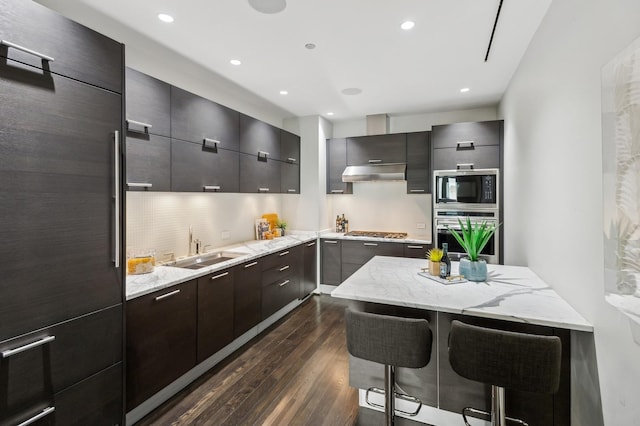 kitchen with sink, tasteful backsplash, dark hardwood / wood-style flooring, a breakfast bar area, and appliances with stainless steel finishes