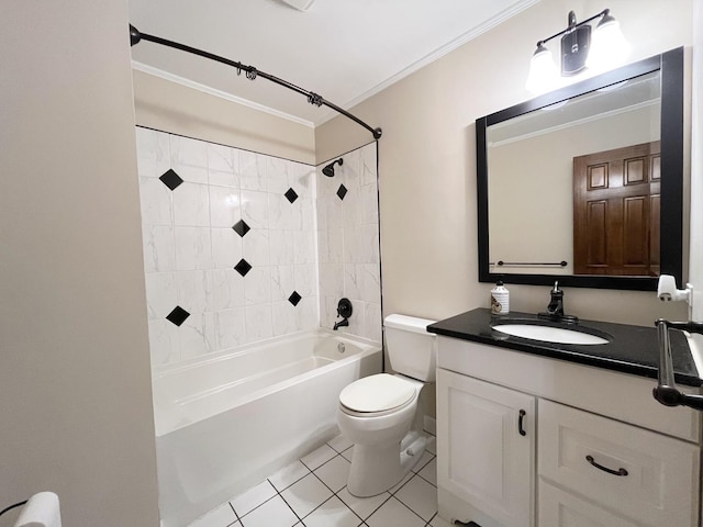 full bathroom featuring vanity, tile patterned floors, crown molding, tiled shower / bath combo, and toilet