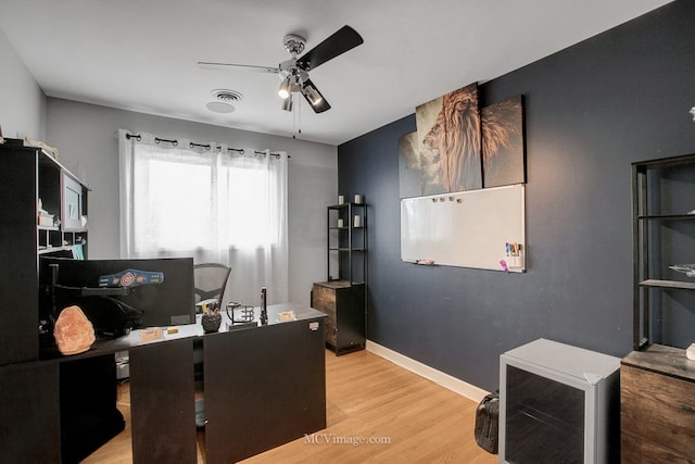 office with ceiling fan and wood-type flooring